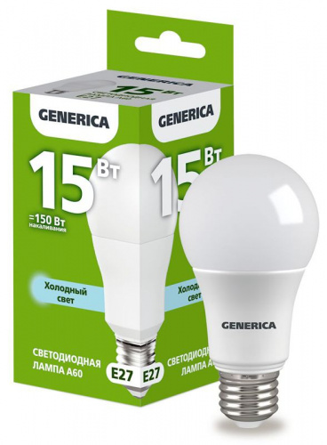 Лампа светодиодная A60 15Вт грушевидная 6500К E27 230В GENERICA LL-A60-15-230-65-E27-G Лампа светодиодная A60 15Вт грушевидная 6500К E27 230В GENERICA LL-A60-15-230-65-E27-G