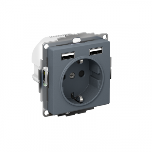 Розетка 1-м СП AtlasDesign 16А IP20 с 2-мя заряд. устройствами USB тип A+A 5В/2.4А 2х5В/1.2А механизм грифель SE ATN000730